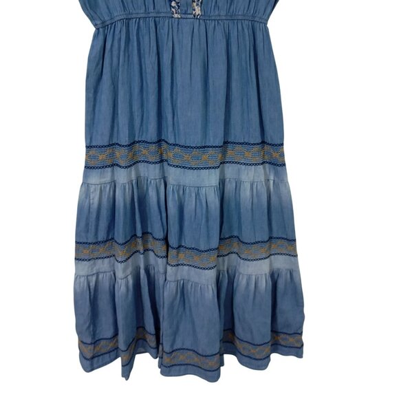 Anthropologie Lapis Maxi Dress Blue Chambray Embroidered Tiered Boho Western L - Picture 3 of 13